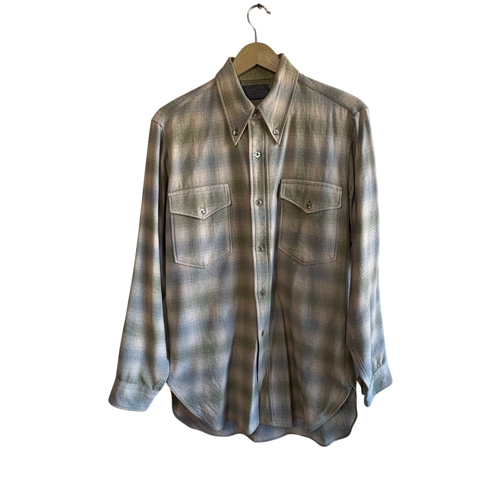 Vintage Pendleton Size 15.5 Wool Light Green Plaid Button Up Shirt  Western